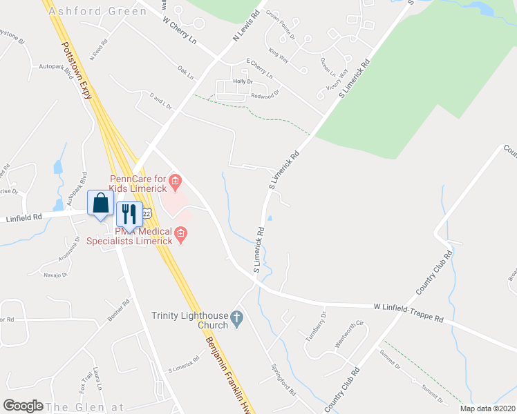 map of restaurants, bars, coffee shops, grocery stores, and more near 133 South Limerick Road in Royersford