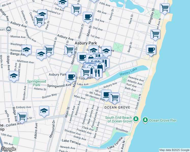 map of restaurants, bars, coffee shops, grocery stores, and more near 601 Mattison Avenue in Asbury Park
