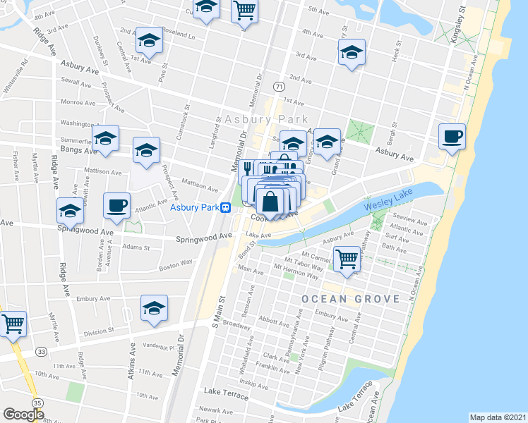map of restaurants, bars, coffee shops, grocery stores, and more near 649 Mattison Avenue in Asbury Park