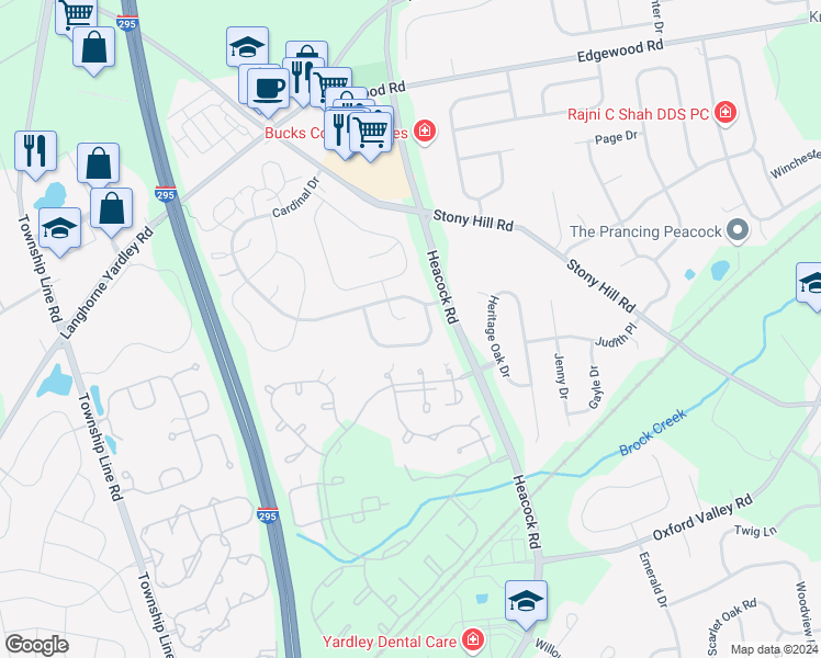 map of restaurants, bars, coffee shops, grocery stores, and more near 576A Thrush Court in Yardley