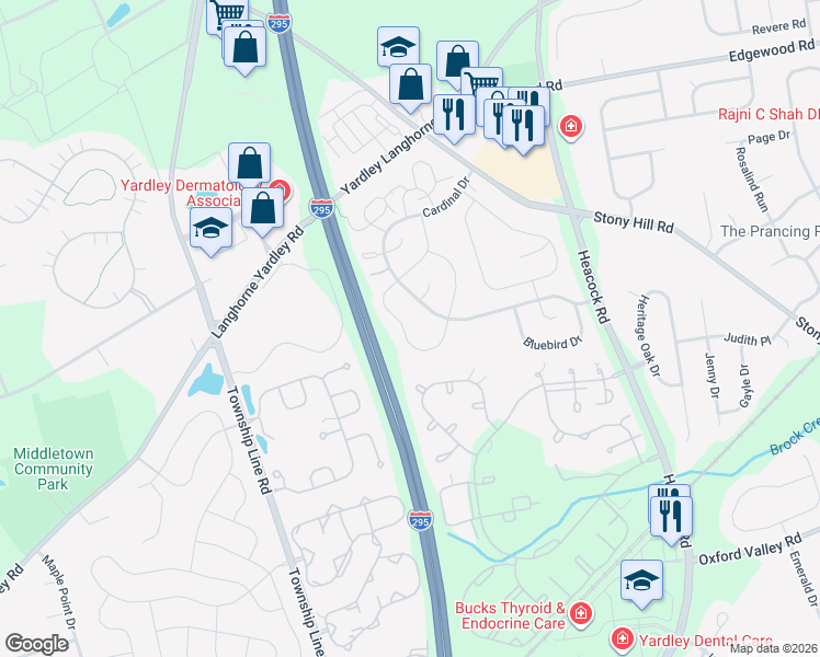 map of restaurants, bars, coffee shops, grocery stores, and more near 589 South Dove Road in Yardley