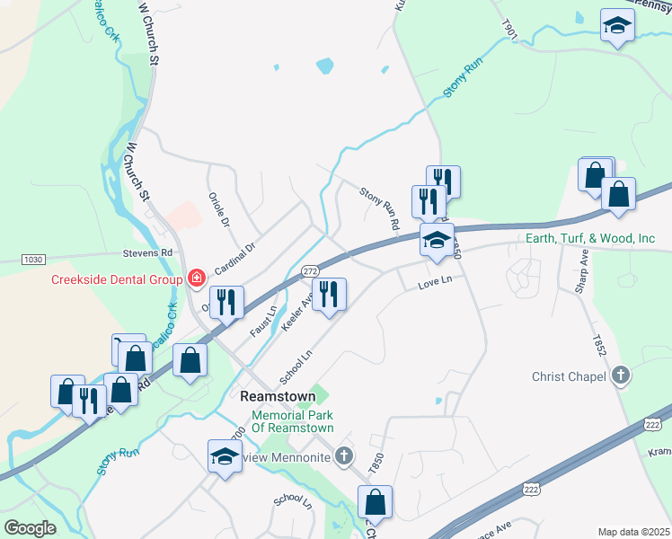 map of restaurants, bars, coffee shops, grocery stores, and more near 1525 North Reading Road in Stevens