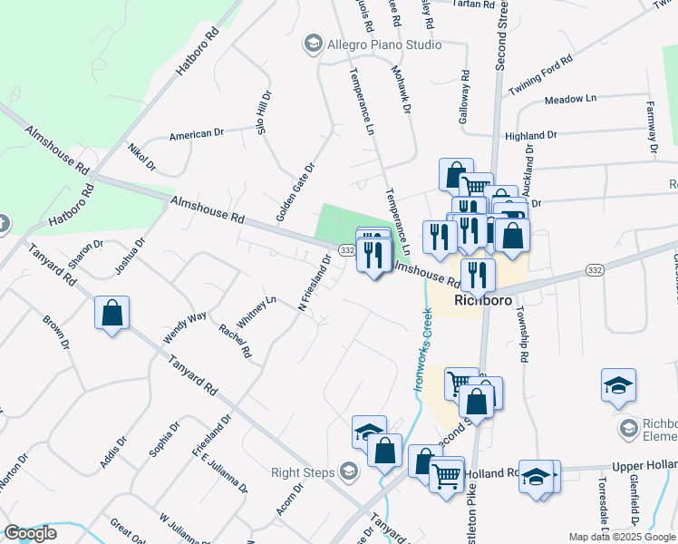 map of restaurants, bars, coffee shops, grocery stores, and more near 6 Barness Court in Richboro