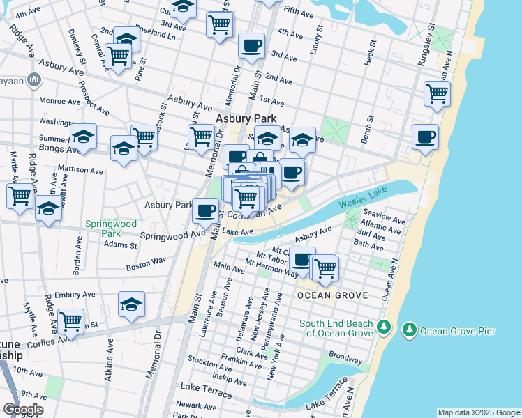 map of restaurants, bars, coffee shops, grocery stores, and more near 610 Mattison Avenue in Asbury Park