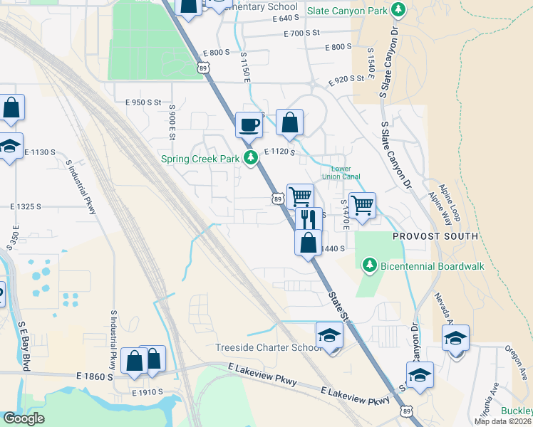 map of restaurants, bars, coffee shops, grocery stores, and more near 1141 East 1320 South in Provo