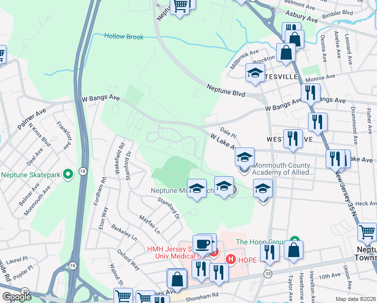 map of restaurants, bars, coffee shops, grocery stores, and more near 1801 Alpine Trail in Neptune City
