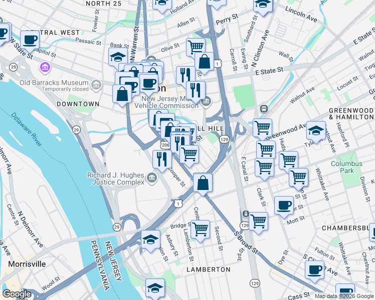 map of restaurants, bars, coffee shops, grocery stores, and more near 143 Jackson Street in Trenton