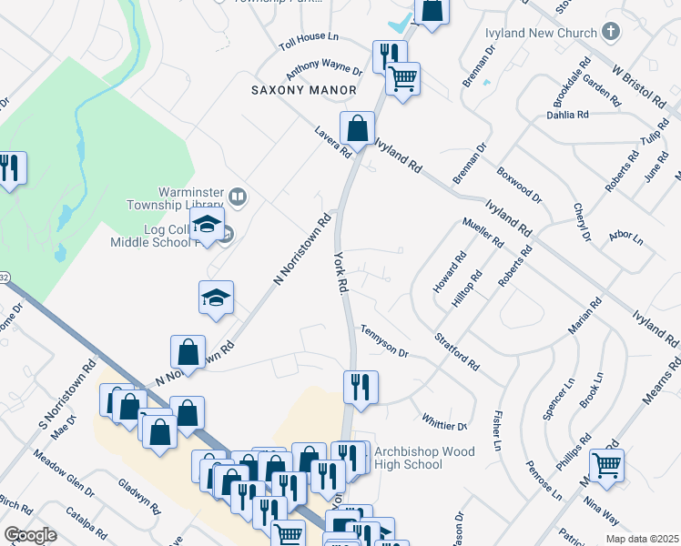 map of restaurants, bars, coffee shops, grocery stores, and more near 895 York Road in Warminster