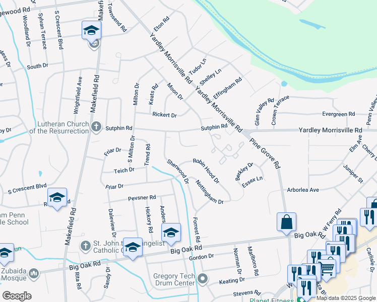 map of restaurants, bars, coffee shops, grocery stores, and more near 573 Barn Drive in Yardley