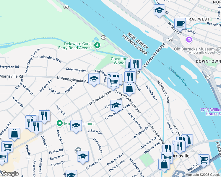 map of restaurants, bars, coffee shops, grocery stores, and more near 6 East Trenton Avenue in Morrisville