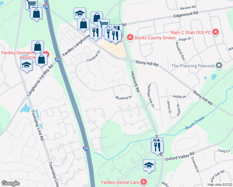 map of restaurants, bars, coffee shops, grocery stores, and more near 1680A Bluebird Drive in Yardley