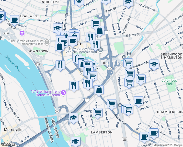 map of restaurants, bars, coffee shops, grocery stores, and more near 327 Market Street in Trenton