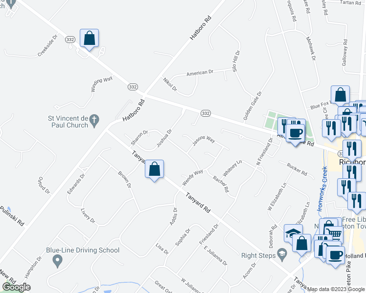 map of restaurants, bars, coffee shops, grocery stores, and more near 30 Sharon Drive in Richboro