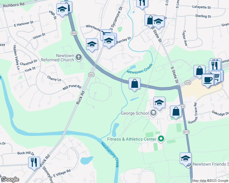 map of restaurants, bars, coffee shops, grocery stores, and more near 905 Diamond Drive in Newtown