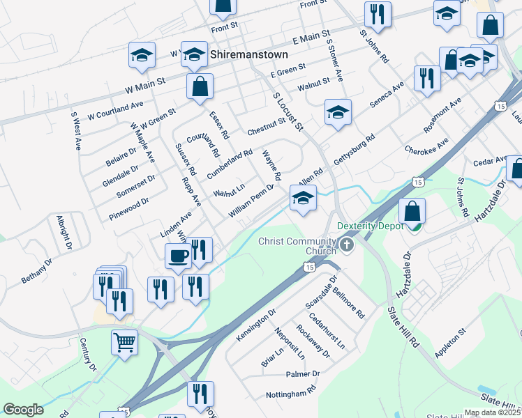 map of restaurants, bars, coffee shops, grocery stores, and more near 4314 Allen Road in Camp Hill