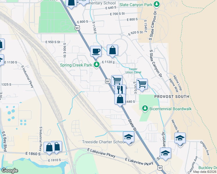 map of restaurants, bars, coffee shops, grocery stores, and more near 1141 East 1320 South in Provo
