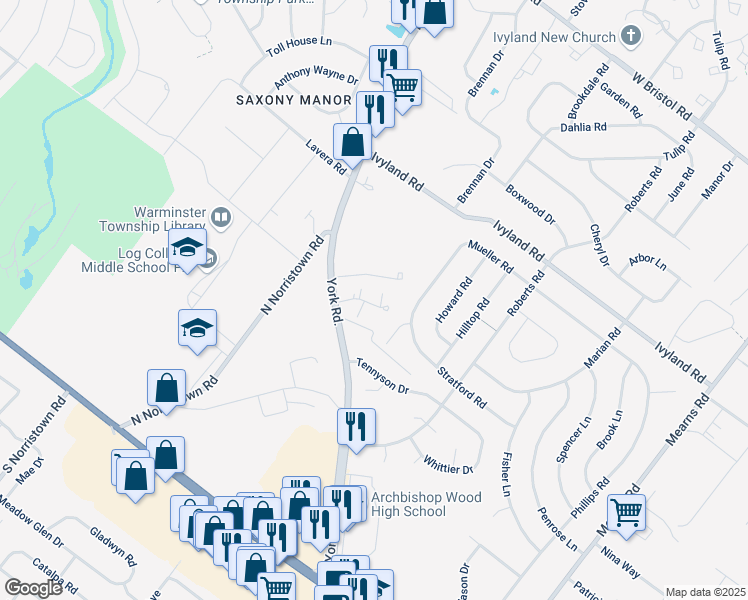 map of restaurants, bars, coffee shops, grocery stores, and more near 406 Brandywine Court in Warminster