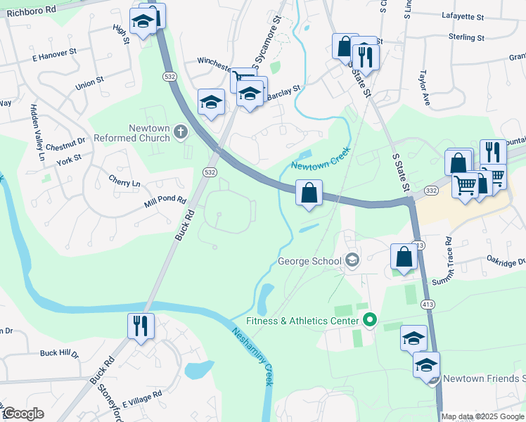 map of restaurants, bars, coffee shops, grocery stores, and more near 904 Diamond Drive in Newtown