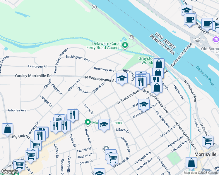 map of restaurants, bars, coffee shops, grocery stores, and more near 824 North Lafayette Avenue in Yardley