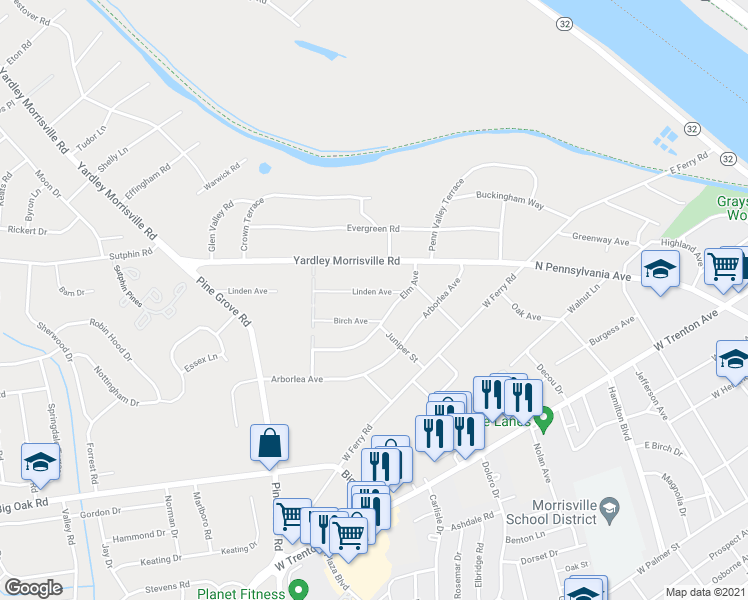 map of restaurants, bars, coffee shops, grocery stores, and more near 1203 Linden Avenue in Yardley