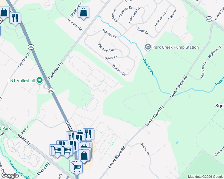 map of restaurants, bars, coffee shops, grocery stores, and more near 603 Ellison Drive in North Wales