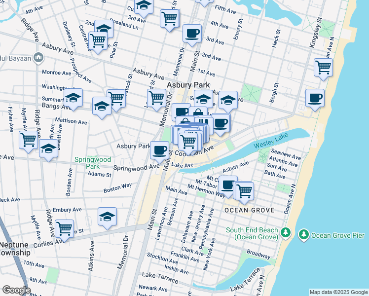 map of restaurants, bars, coffee shops, grocery stores, and more near 209 Bond Street in Asbury Park