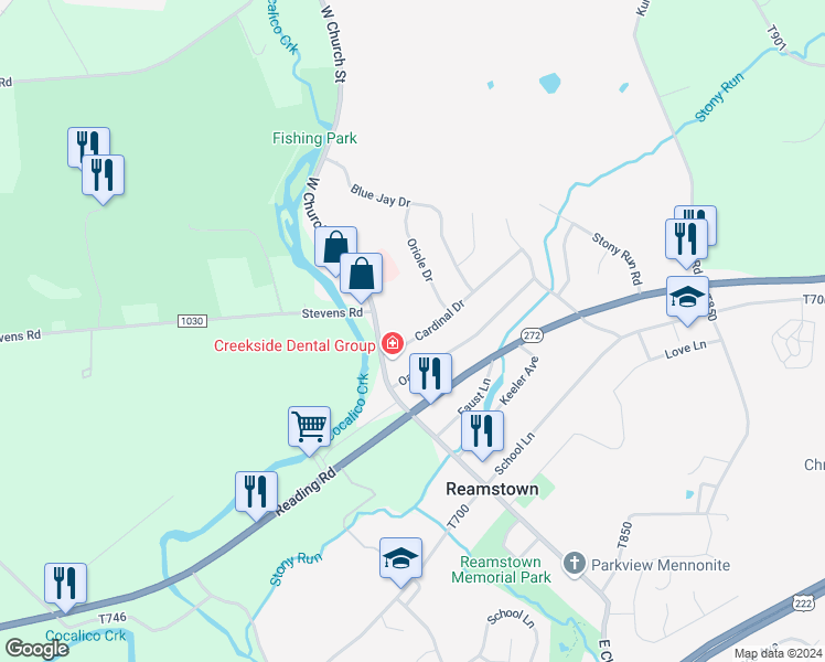 map of restaurants, bars, coffee shops, grocery stores, and more near 8 Cardinal Drive in Stevens