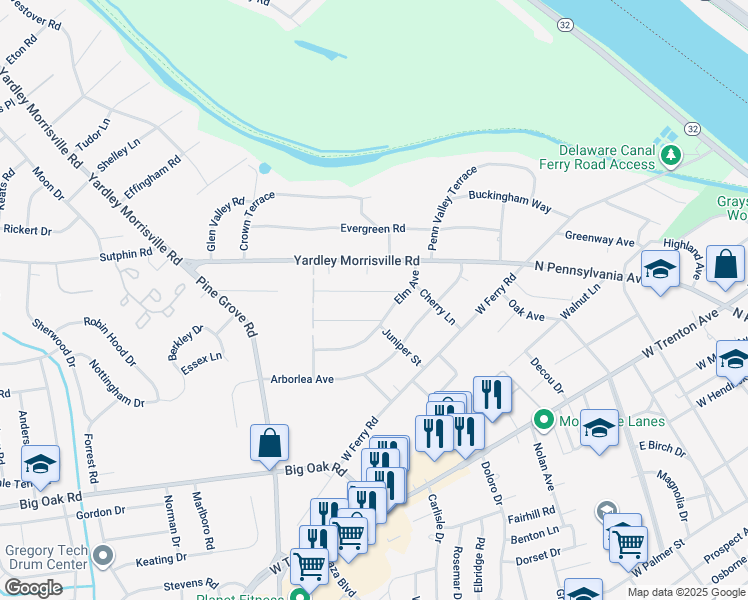 map of restaurants, bars, coffee shops, grocery stores, and more near 1203 Linden Avenue in Yardley