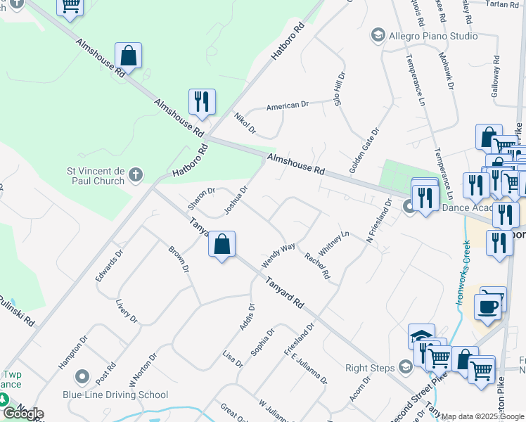 map of restaurants, bars, coffee shops, grocery stores, and more near 30 Sharon Drive in Richboro