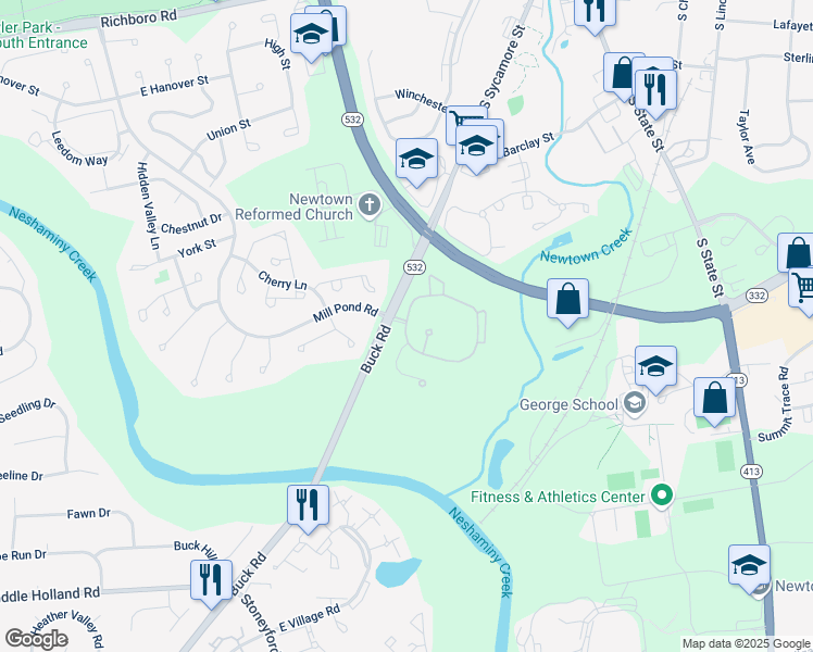 map of restaurants, bars, coffee shops, grocery stores, and more near 1677 Diamond Drive in Newtown