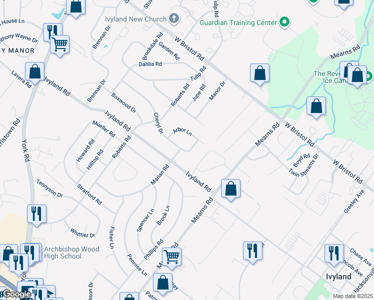 map of restaurants, bars, coffee shops, grocery stores, and more near 667 Cheryl Drive in Warminster