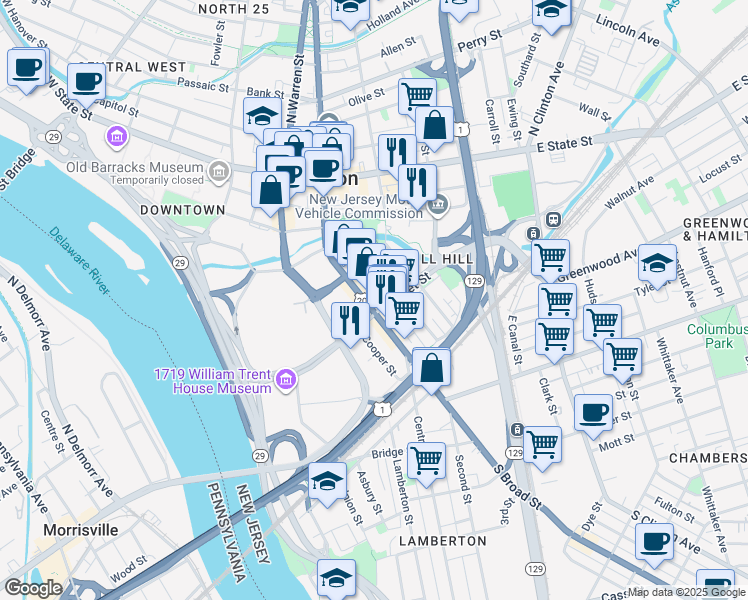 map of restaurants, bars, coffee shops, grocery stores, and more near 218 South Broad Street in Trenton