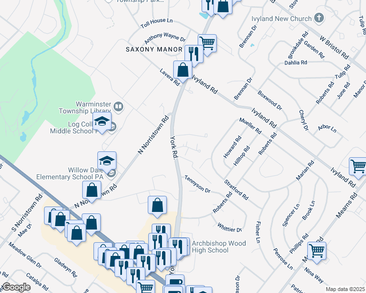 map of restaurants, bars, coffee shops, grocery stores, and more near 107 Lexington Court in Warminster