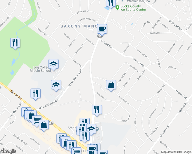 map of restaurants, bars, coffee shops, grocery stores, and more near 109 Lexington Court in Warminster
