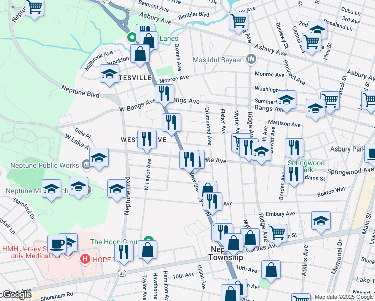 map of restaurants, bars, coffee shops, grocery stores, and more near 317 New Jersey 35 in Neptune City