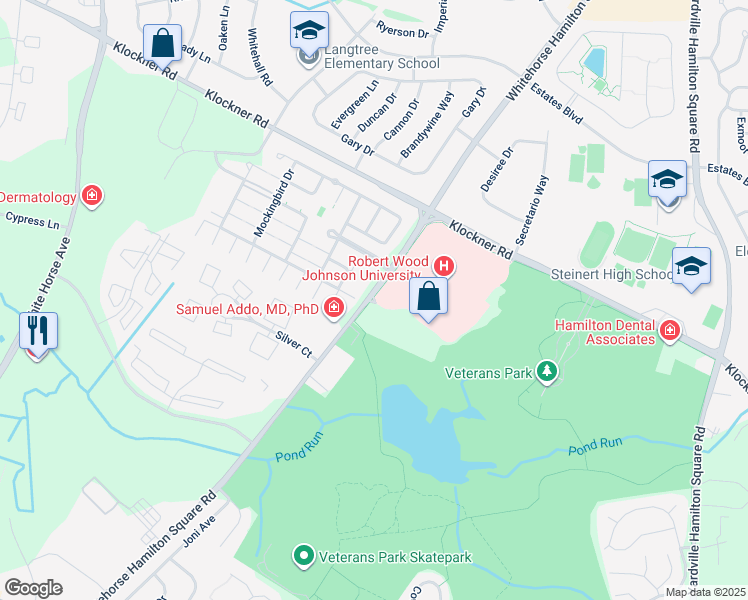 map of restaurants, bars, coffee shops, grocery stores, and more near 45 Meadowlark Drive in Hamilton Township
