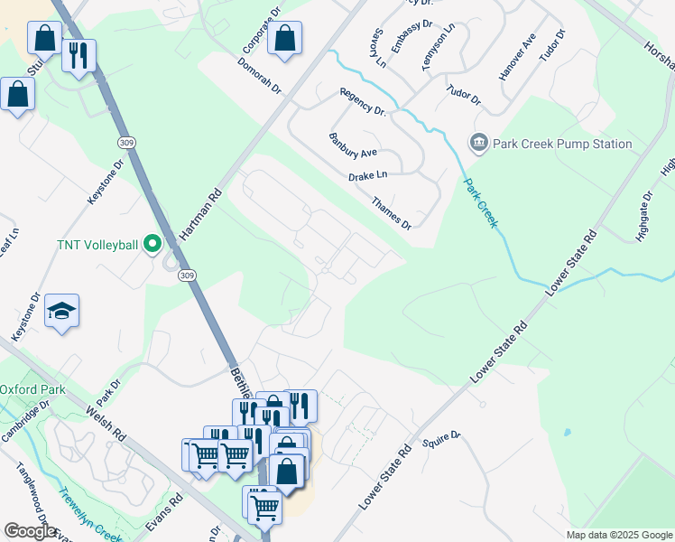 map of restaurants, bars, coffee shops, grocery stores, and more near 209 Bishop Drive in North Wales