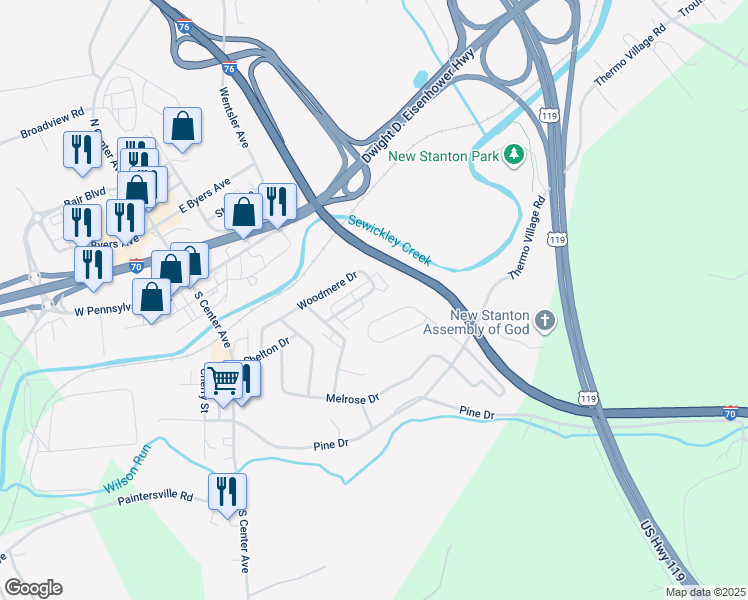 map of restaurants, bars, coffee shops, grocery stores, and more near 612 Woodmere Drive in New Stanton