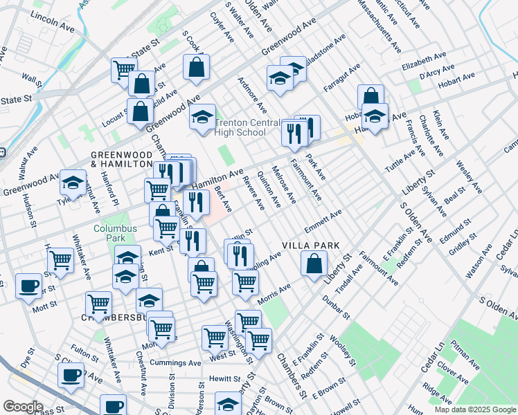 map of restaurants, bars, coffee shops, grocery stores, and more near 863 Revere Avenue in Trenton
