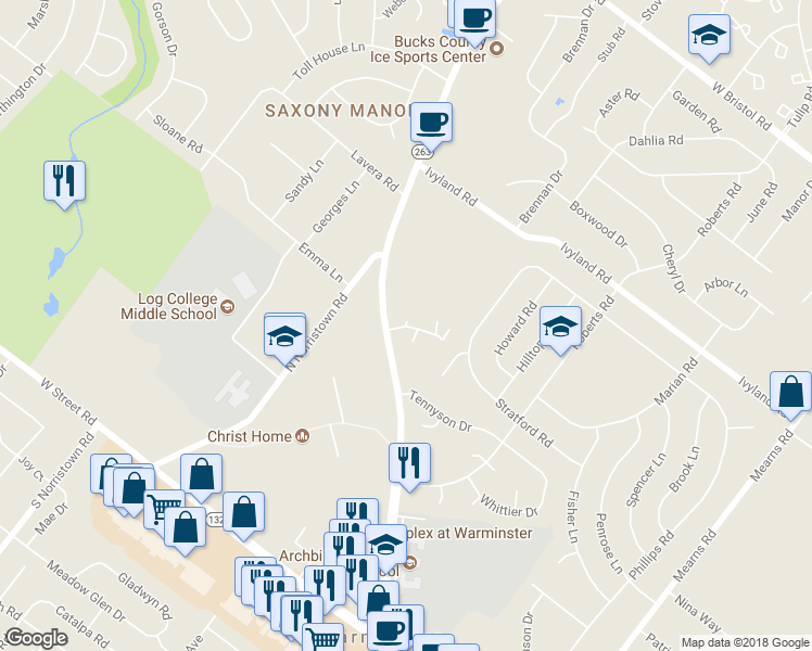 map of restaurants, bars, coffee shops, grocery stores, and more near 110 Lexington Court in Warminster