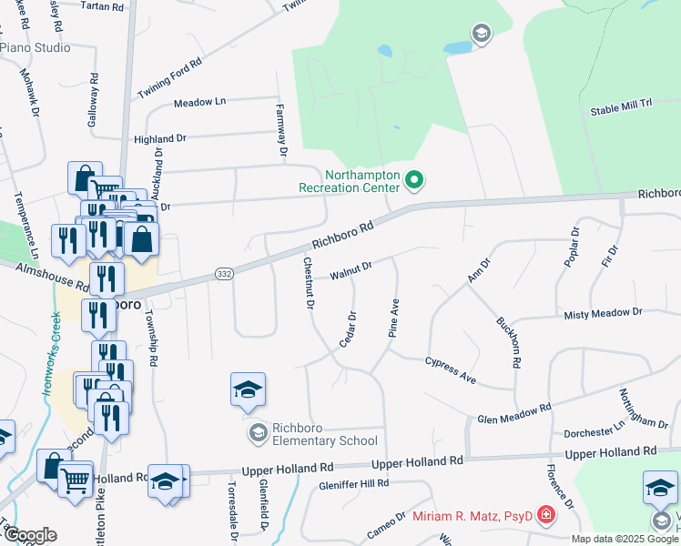 map of restaurants, bars, coffee shops, grocery stores, and more near 33 Walnut Drive in Richboro