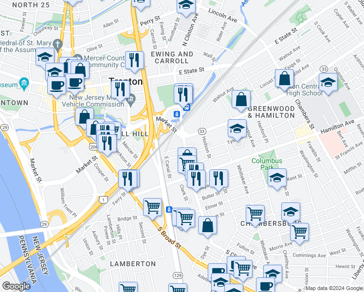 map of restaurants, bars, coffee shops, grocery stores, and more near 351 Greenwood Avenue in Trenton