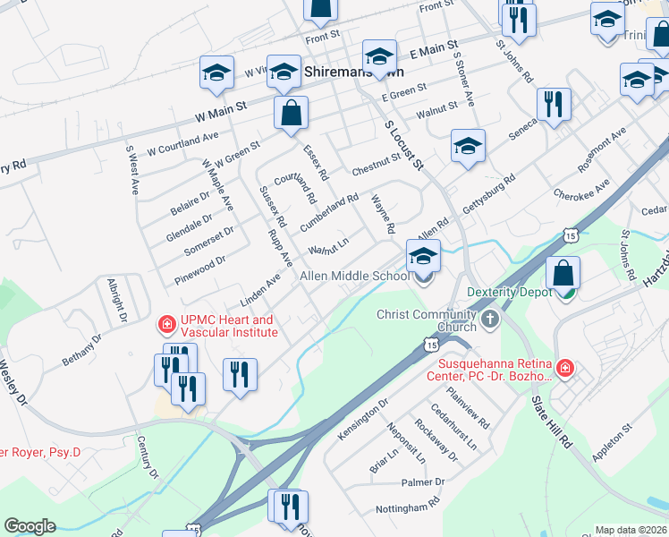 map of restaurants, bars, coffee shops, grocery stores, and more near 17 Walnut Lane in Camp Hill