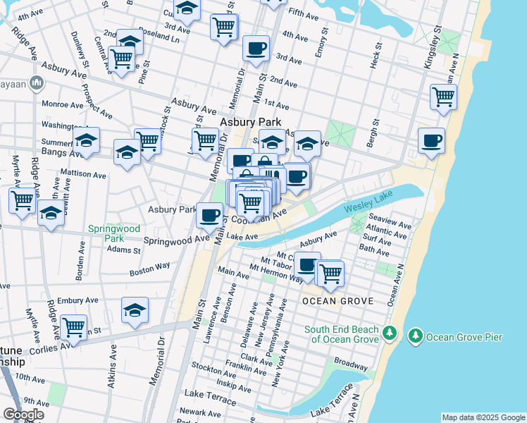 map of restaurants, bars, coffee shops, grocery stores, and more near 610 Mattison Avenue in Asbury Park