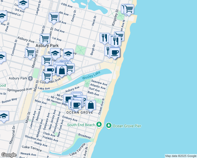 map of restaurants, bars, coffee shops, grocery stores, and more near 16 Lake Avenue in Monmouth County