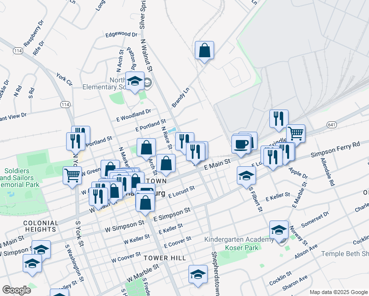 map of restaurants, bars, coffee shops, grocery stores, and more near 127 North Walnut Street in Mechanicsburg