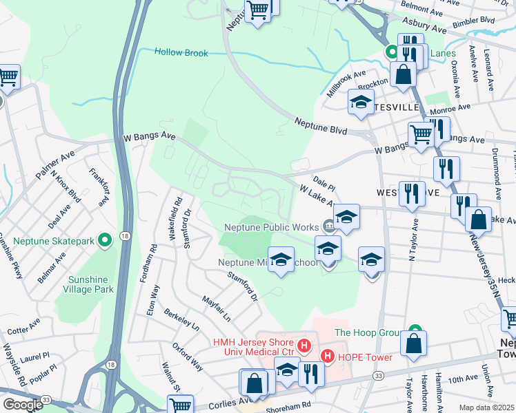 map of restaurants, bars, coffee shops, grocery stores, and more near 1607 Alpine Trail in Neptune City