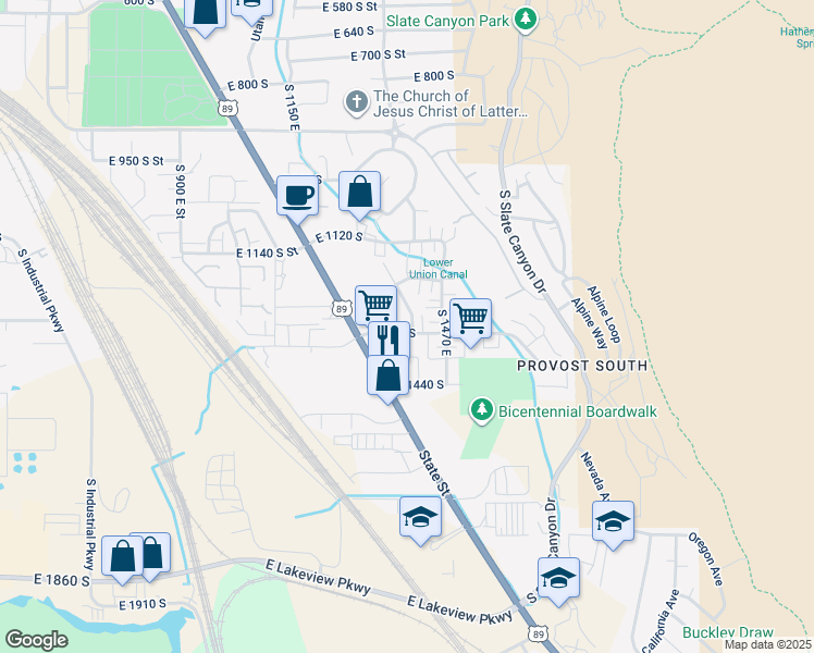 map of restaurants, bars, coffee shops, grocery stores, and more near 1314 South 1410 East in Provo