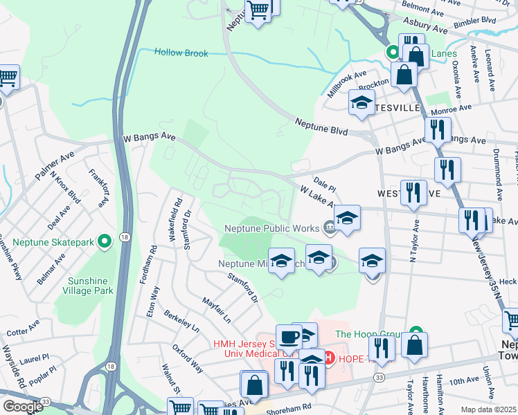 map of restaurants, bars, coffee shops, grocery stores, and more near 1607 Alpine Trail in Neptune City