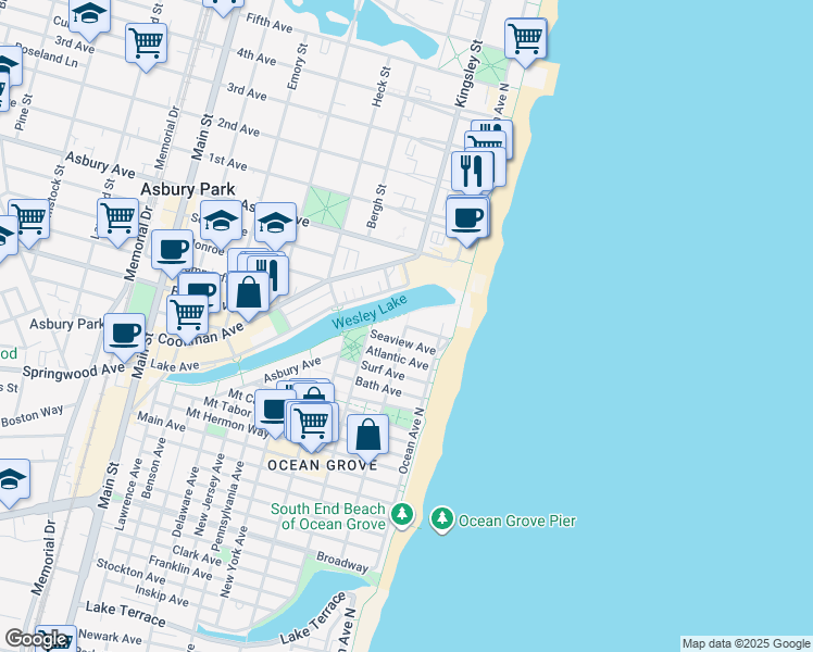 map of restaurants, bars, coffee shops, grocery stores, and more near Beach Avenue & Spray Avenue in Neptune Township